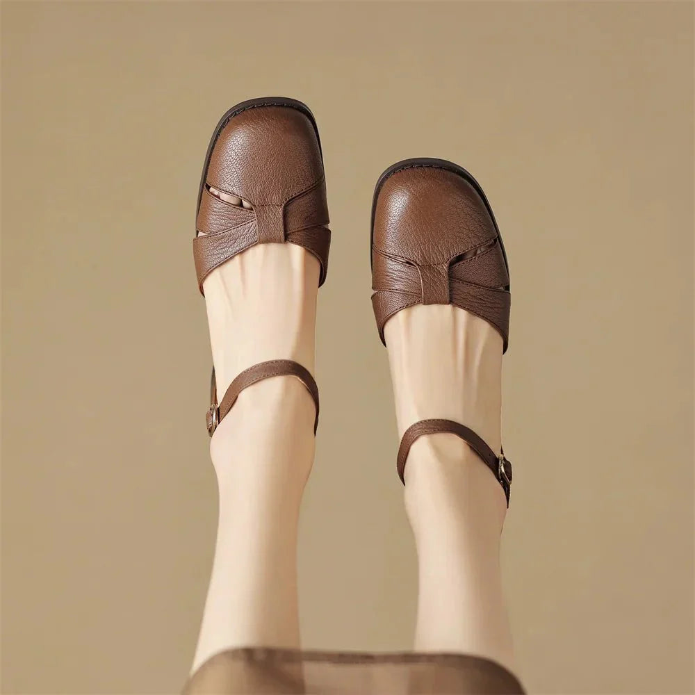 Felice | Leather Braided Ankle Strap Mid Heel Pumps