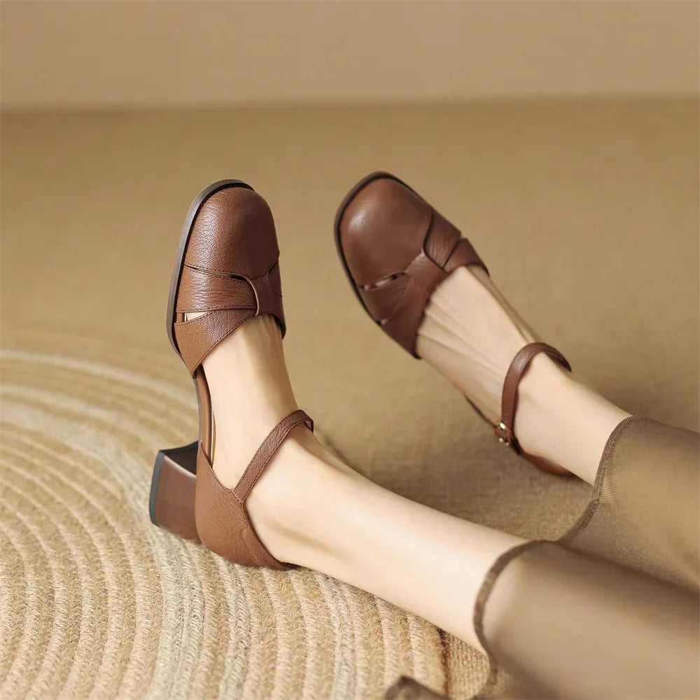 Felice | Leather Braided Ankle Strap Mid Heel Pumps