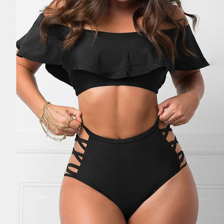 Off-shoulder ruffled cut-out high-waisted bikini set
