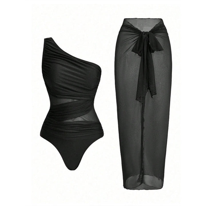 One-shoulder cut-out one-piece swimsuit and mesh cover-up skirt set