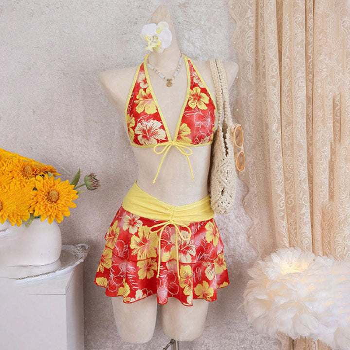 Tropical Print Halter Bikini with Swim Skirt — 3-Piece Set