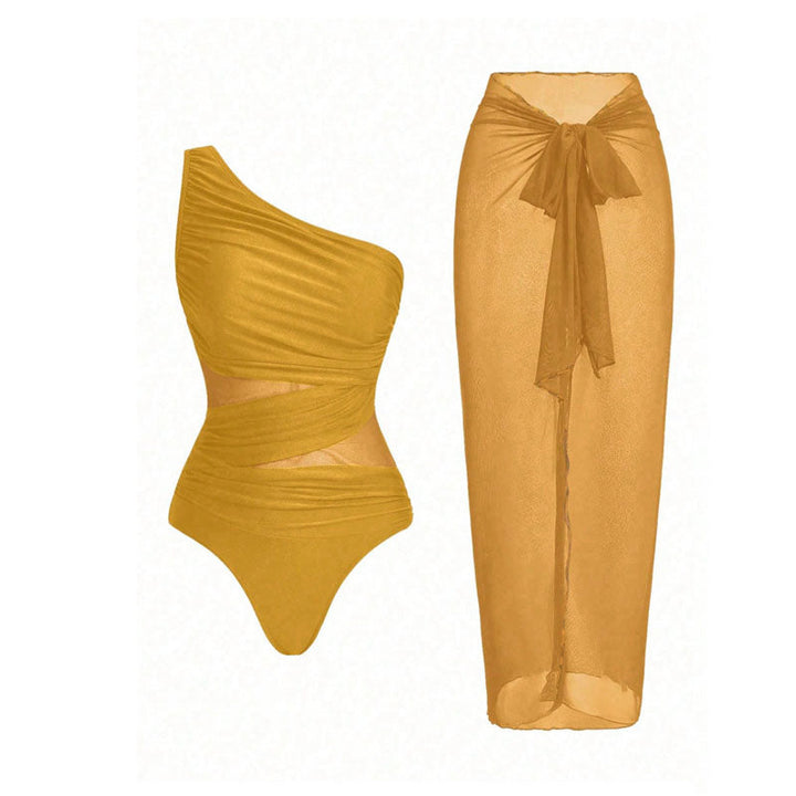 One-shoulder cut-out one-piece swimsuit and mesh cover-up skirt set