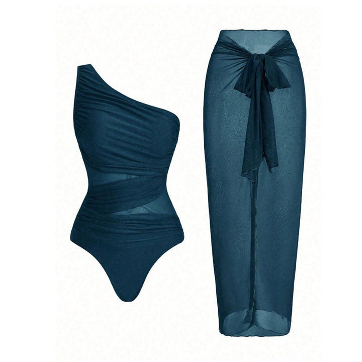 One-shoulder cut-out one-piece swimsuit and mesh cover-up skirt set