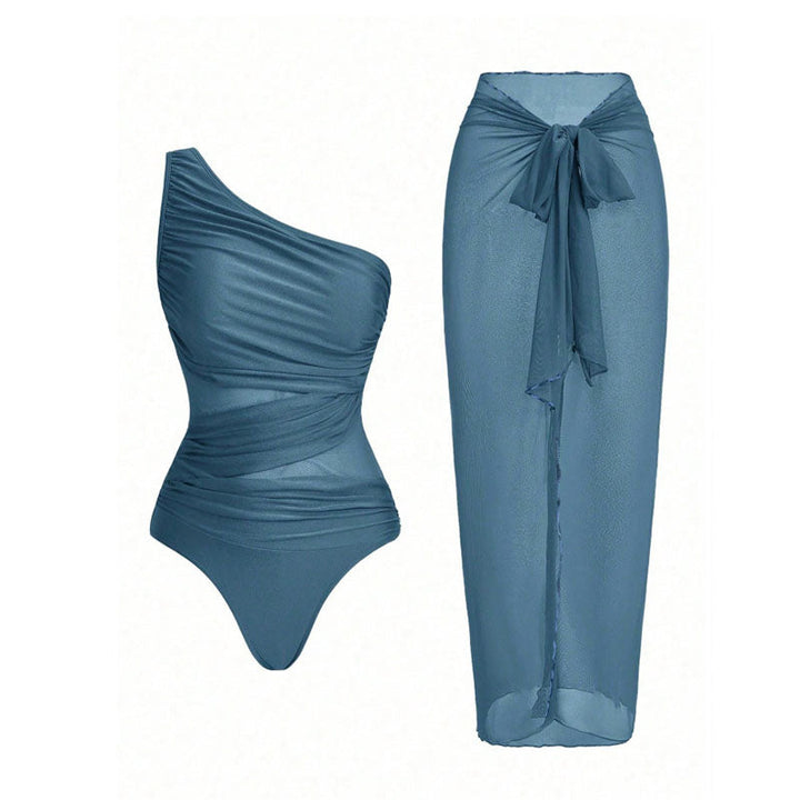 One-shoulder cut-out one-piece swimsuit and mesh cover-up skirt set