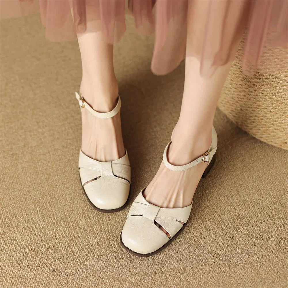 Felice | Leather Braided Ankle Strap Mid Heel Pumps