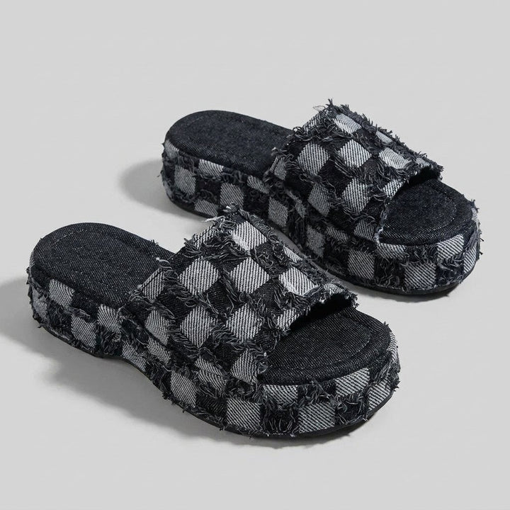 Riley | Denim Slides Organic Cotton, Checkerboard Pattern