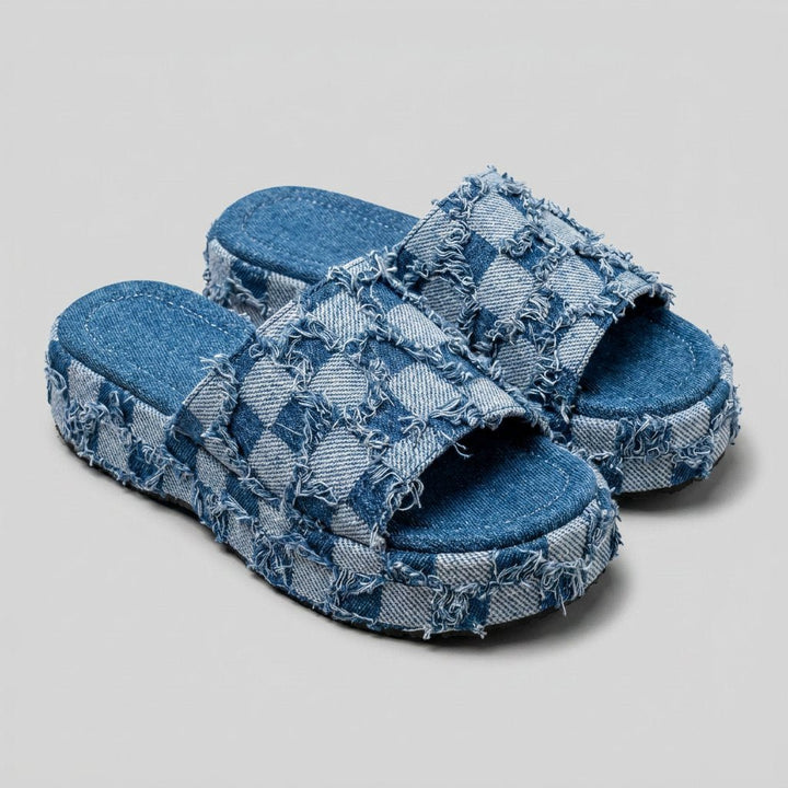Riley | Denim Slides Organic Cotton, Checkerboard Pattern
